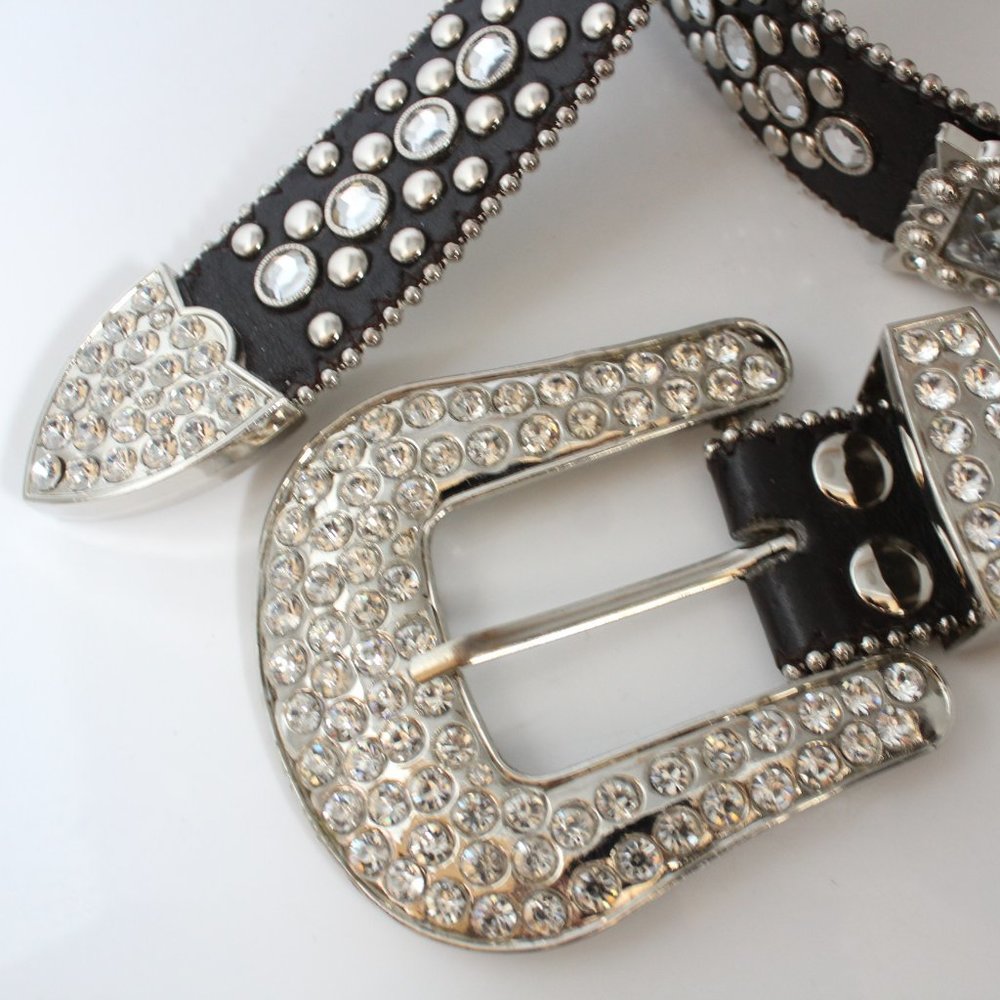 Western Women's Belt Brown Leather Square Rhinestone Conchos And Crystal Bling ~ - Picture 2 of 11